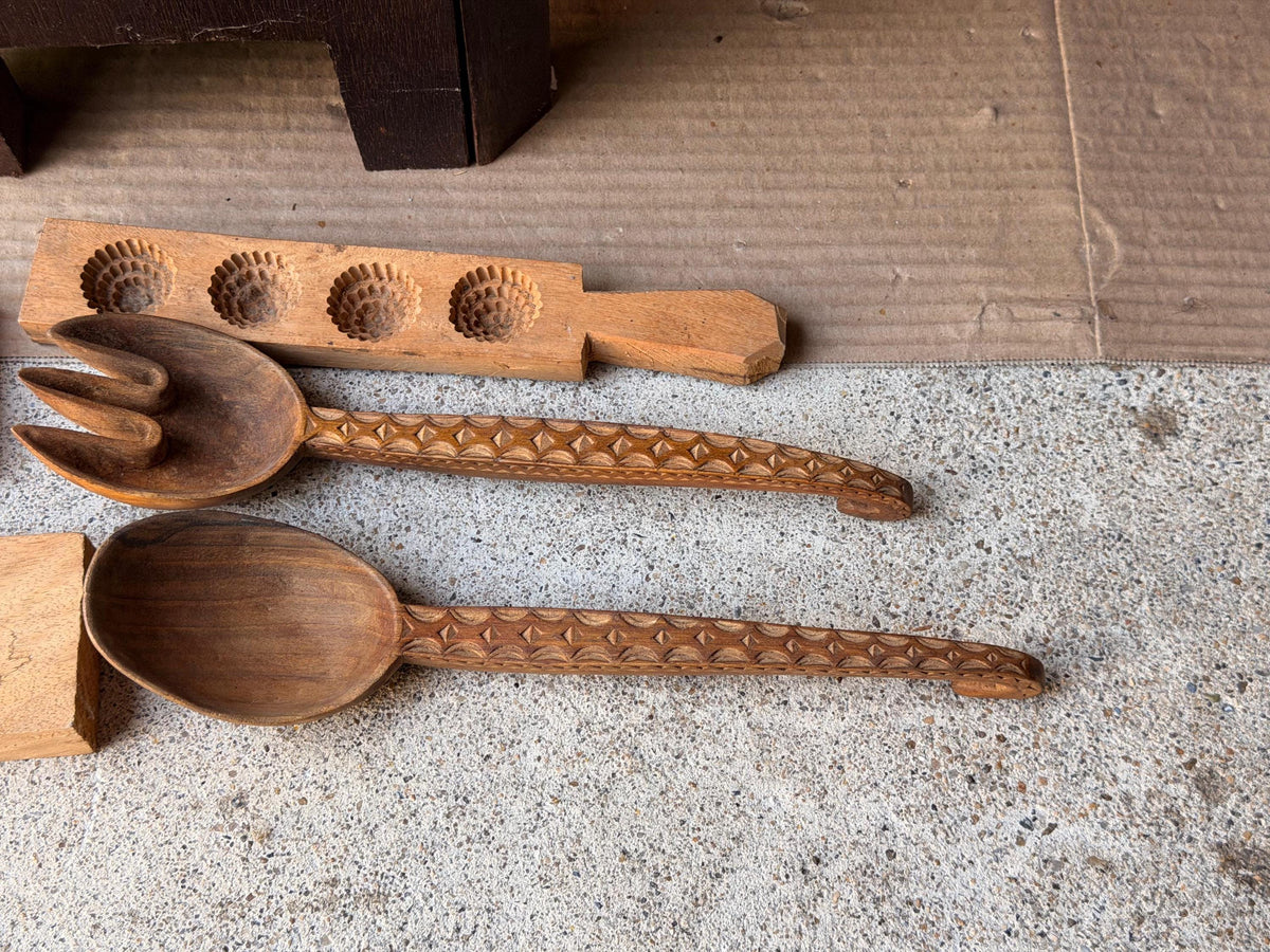 Vintage Carved Wood Butter Molds Cookie Press Serving Spoons Folk Art 5 Pc