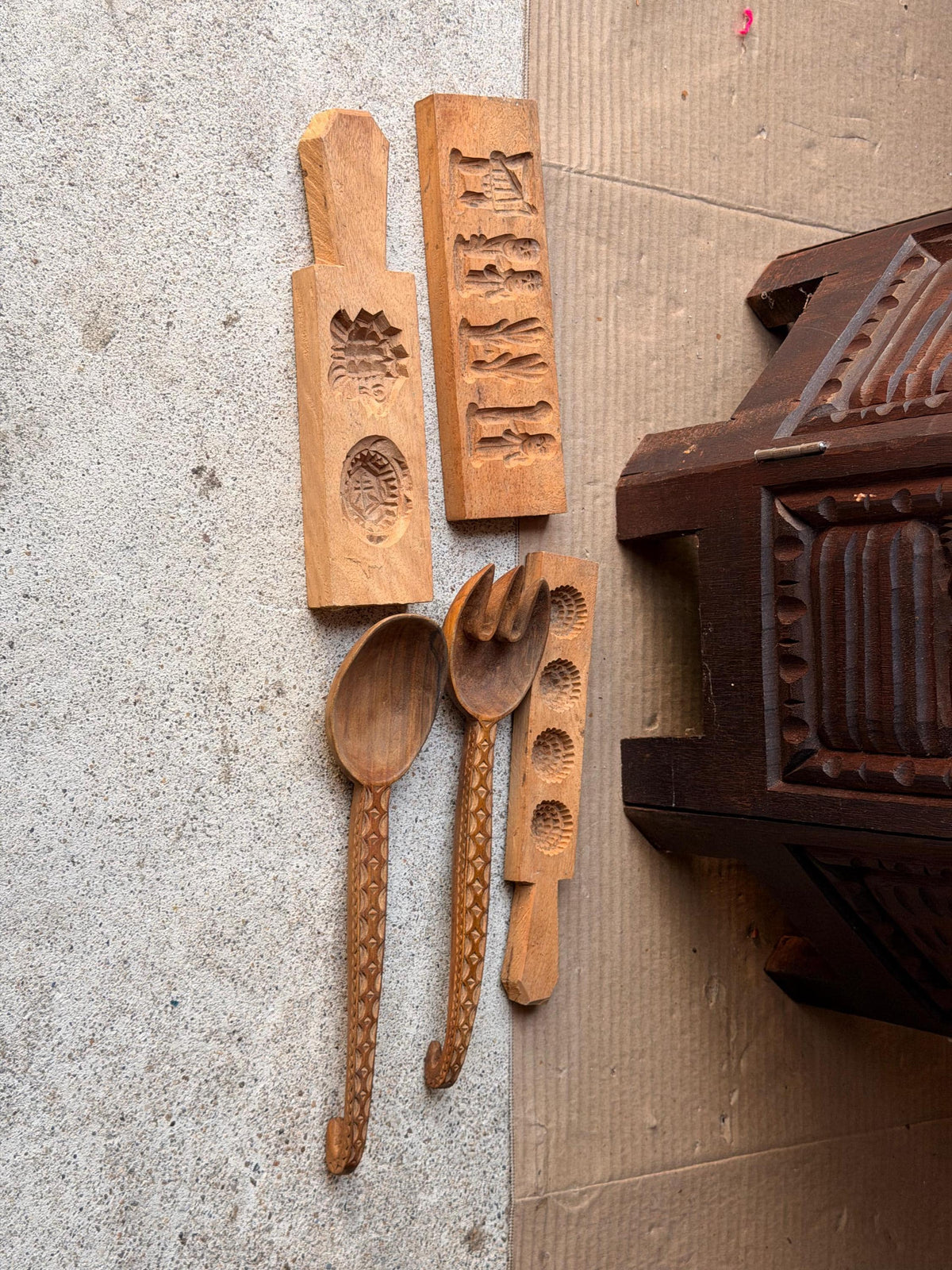 Vintage Carved Wood Butter Molds Cookie Press Serving Spoons Folk Art 5 Pc