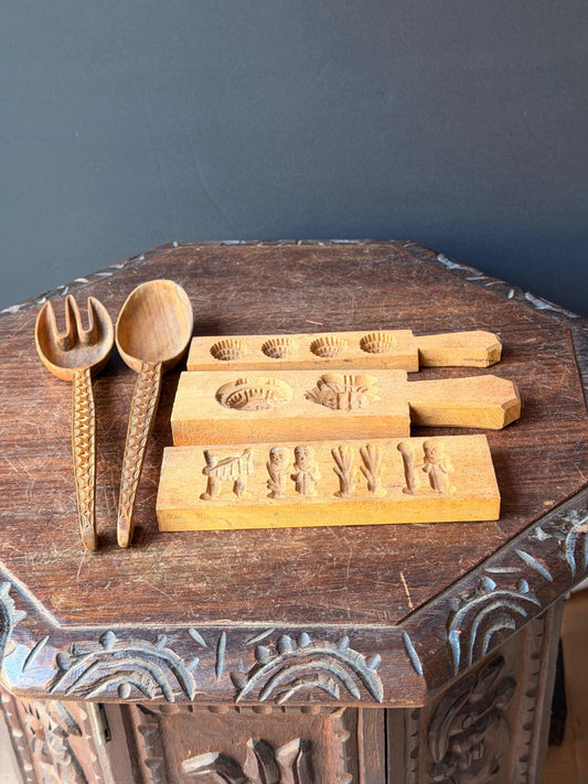 Vintage Carved Wood Butter Molds Cookie Press Serving Spoons Folk Art 5 Pc