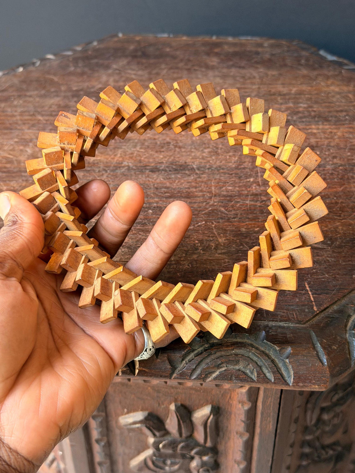 Vintage Interlocking Wooden Ring Trivet Geometric Expandable Table Stand 7"
