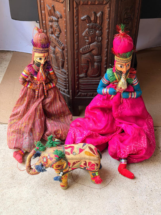 Vintage Kathputli String Puppet Pair Painted Wood & Fabric Elephant 3pc Set