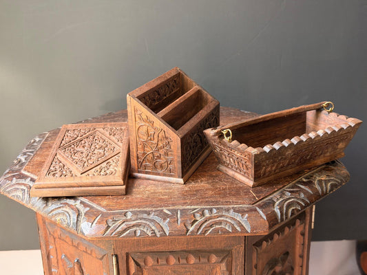 Vintage Hand Carved Wood Desk Set Letter Holder Pen Tray Folding Stand