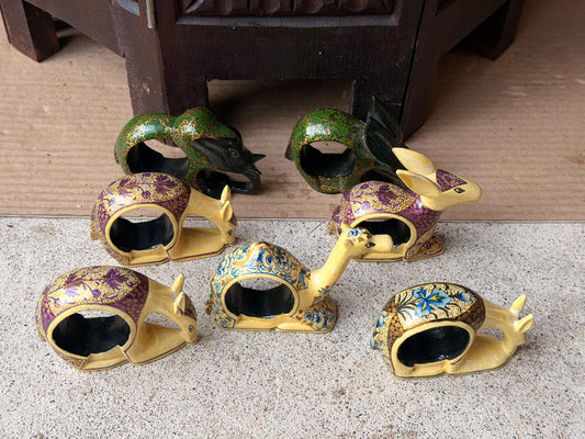Vintage Kashmiri Papier Mache Animal Napkin Rings Set 7 Hand Painted Lacquer