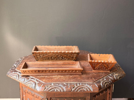 Vintage Hand Carved Wood Desk Tray Trinket Bowls Decorative Vessel Set