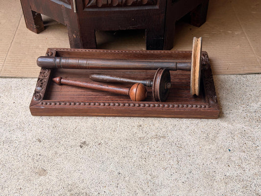 Vintage Hand Carved Wood Tray and Turned Textile Spindles Strikers Set