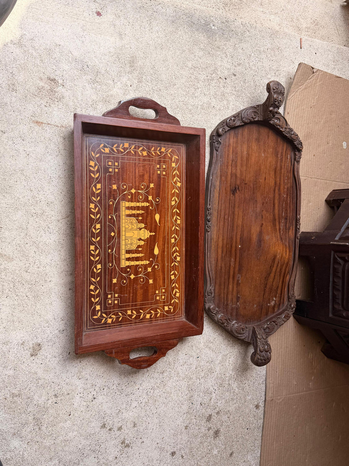 Vintage Hand Carved Wood Serving Trays Taj Mahal Inlay Carved Handle Set 2 Pc