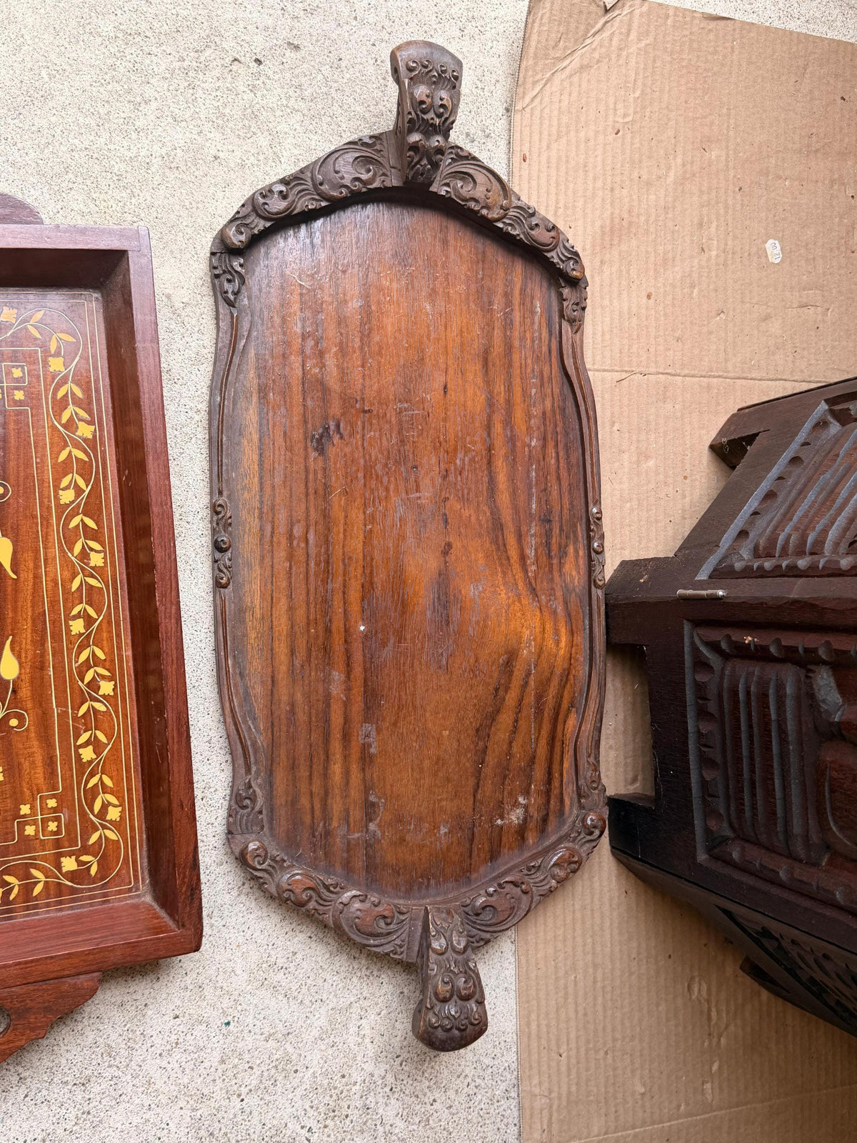 Vintage Hand Carved Wood Serving Trays Taj Mahal Inlay Carved Handle Set 2 Pc
