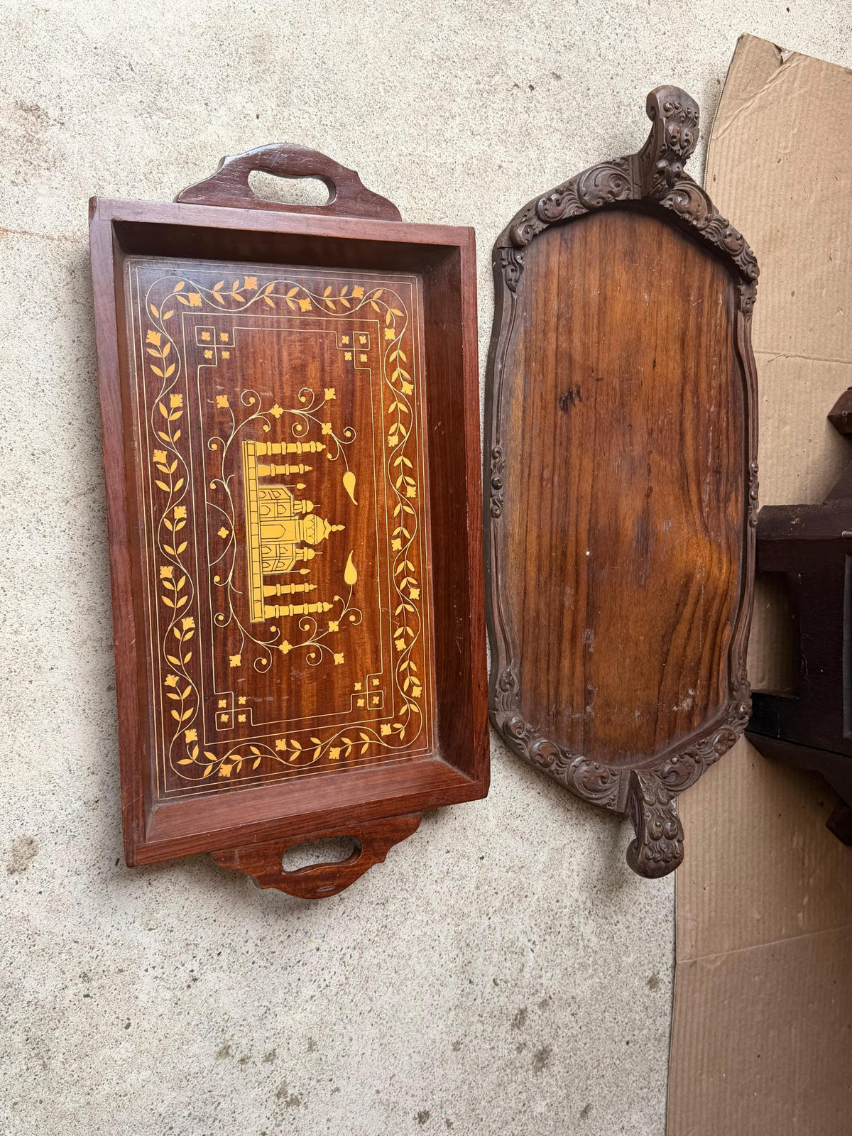 Vintage Hand Carved Wood Serving Trays Taj Mahal Inlay Carved Handle Set 2 Pc