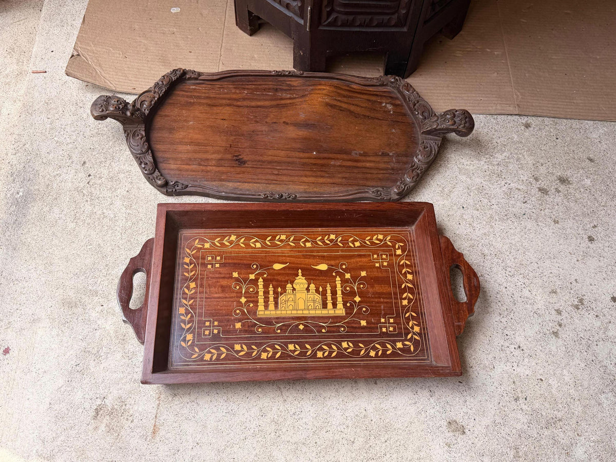 Vintage Hand Carved Wood Serving Trays Taj Mahal Inlay Carved Handle Set 2 Pc