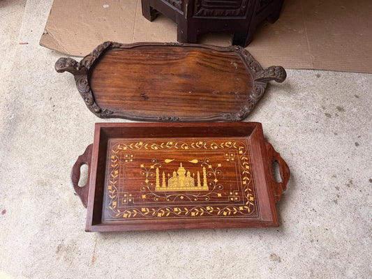 Vintage Hand Carved Wood Serving Trays Taj Mahal Inlay Carved Handle Set 2 Pc