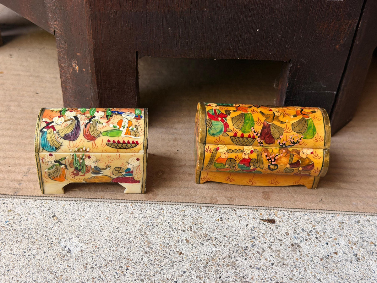 Vintage Hand Painted Miniature Casket Box Lot Near Eastern Court Scene Set 2
