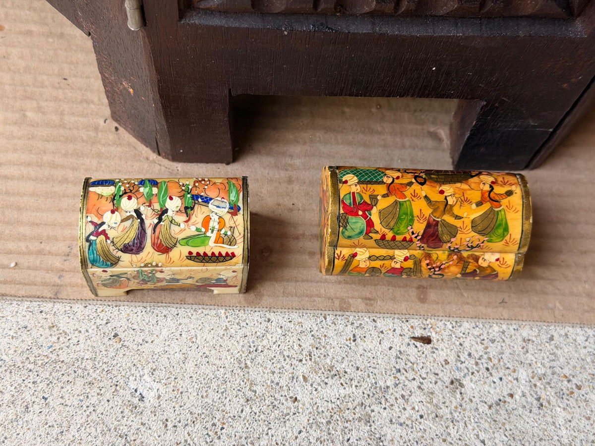 Vintage Hand Painted Miniature Casket Box Lot Near Eastern Court Scene Set 2