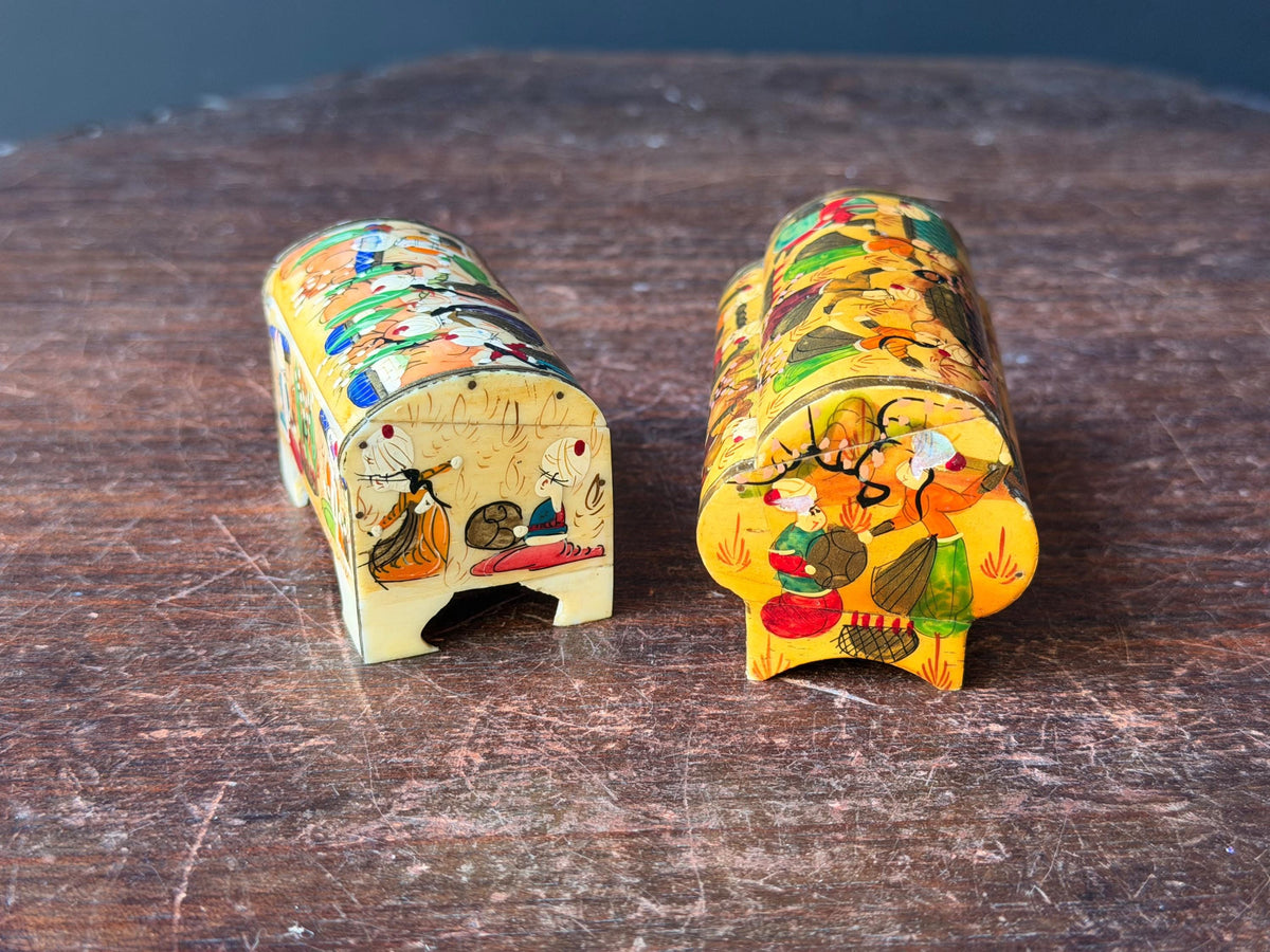 Vintage Hand Painted Miniature Casket Box Lot Near Eastern Court Scene Set 2
