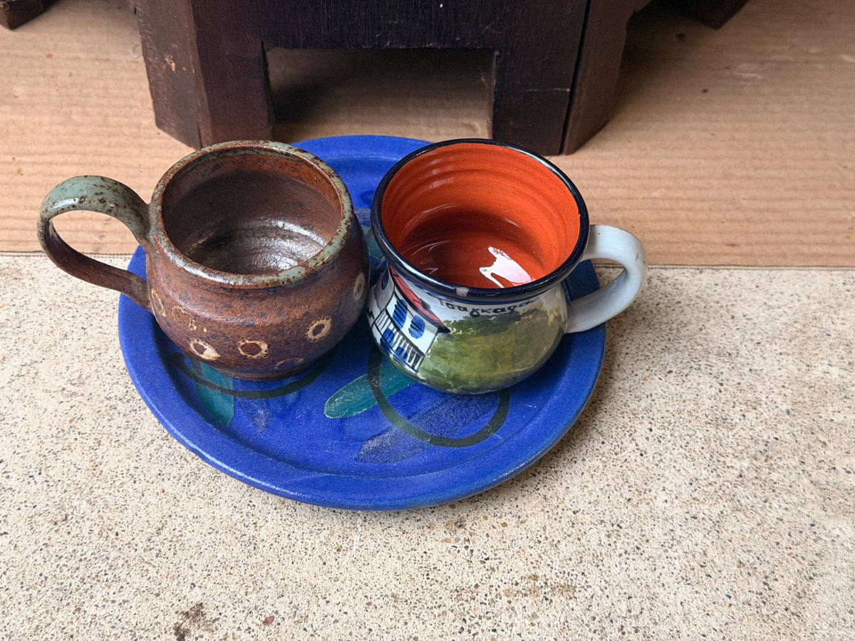 Dedza Malawi Studio Pottery Blue Plate & Handcrafted Ceramic Cups 3 Pc Set