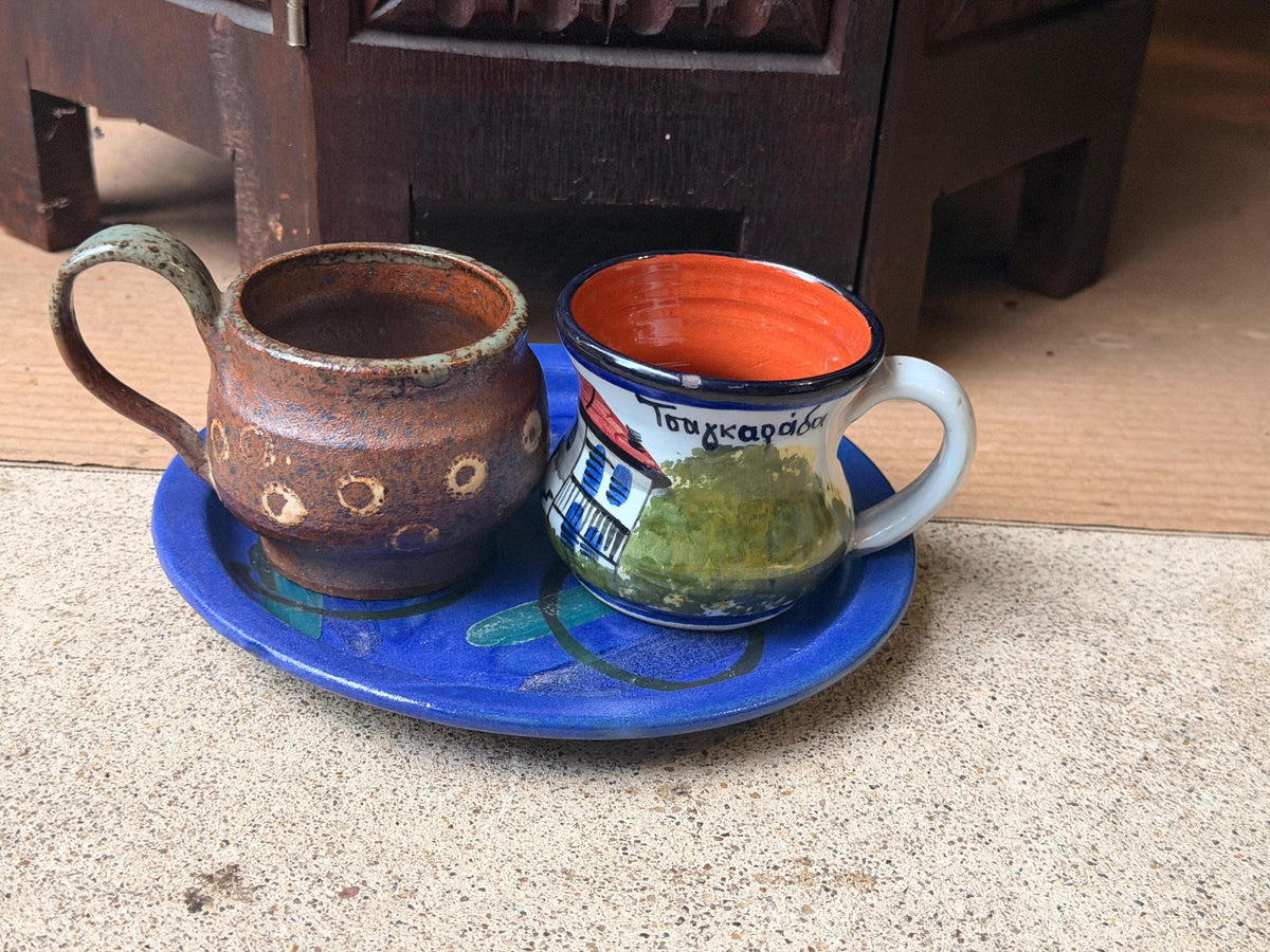 Dedza Malawi Studio Pottery Blue Plate & Handcrafted Ceramic Cups 3 Pc Set