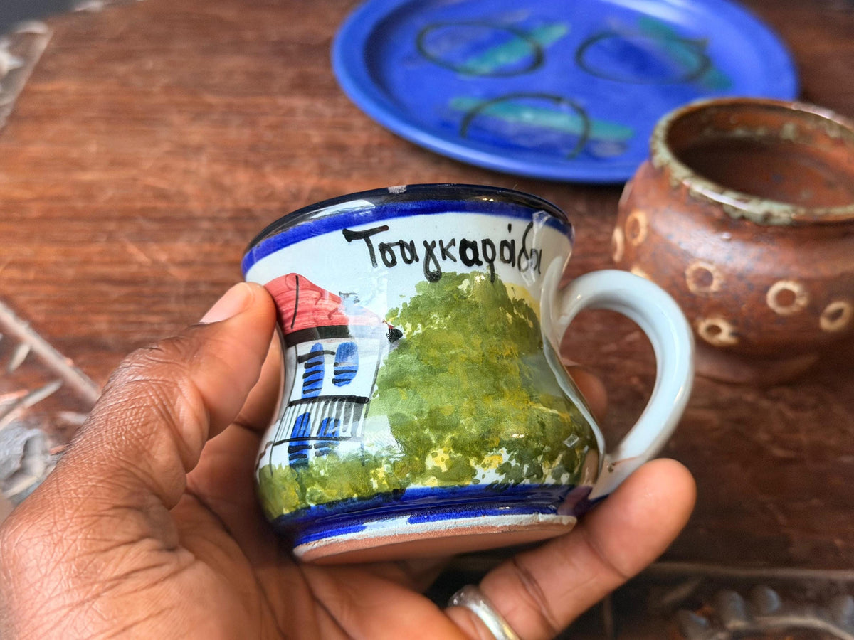 Dedza Malawi Studio Pottery Blue Plate & Handcrafted Ceramic Cups 3 Pc Set