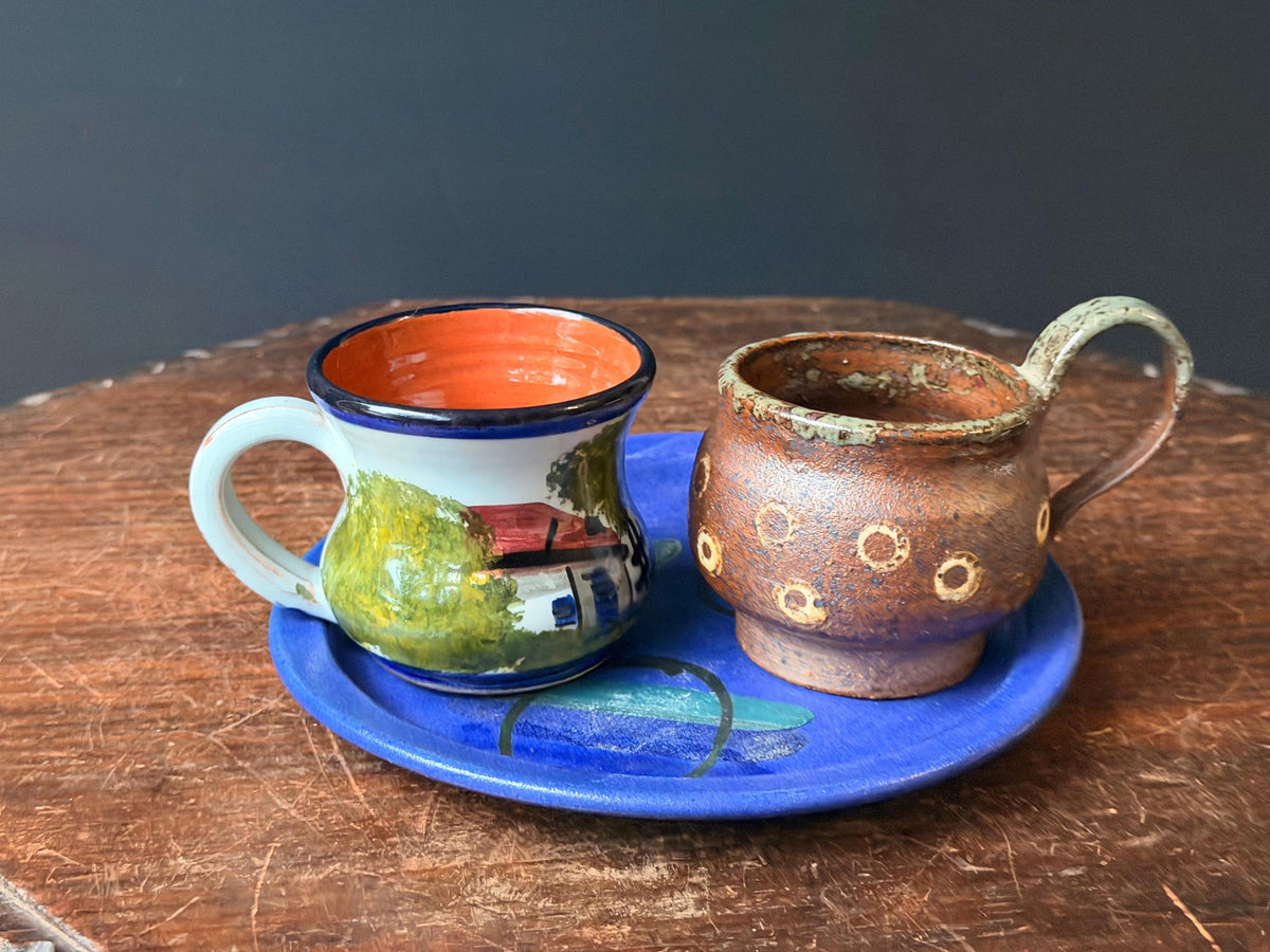 Dedza Malawi Studio Pottery Blue Plate & Handcrafted Ceramic Cups 3 Pc Set