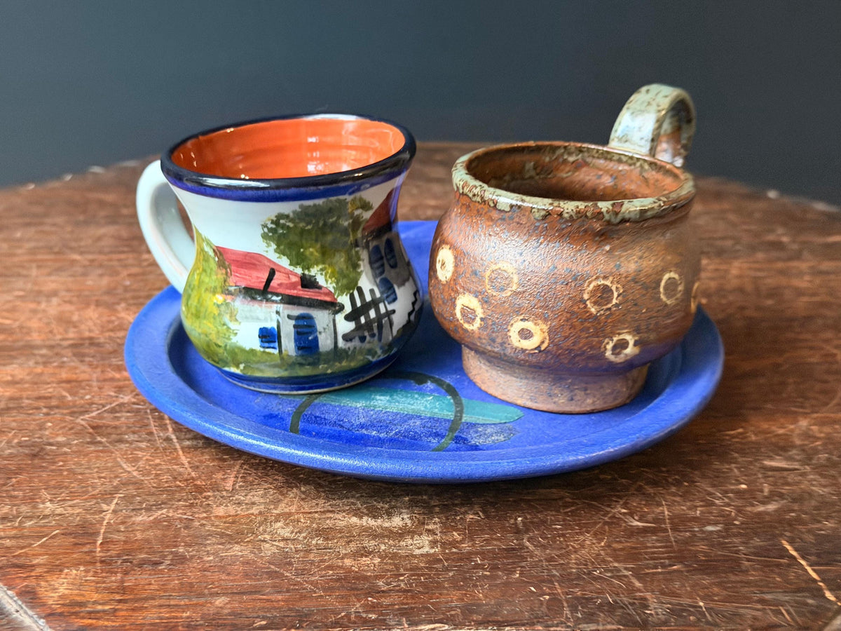 Dedza Malawi Studio Pottery Blue Plate & Handcrafted Ceramic Cups 3 Pc Set