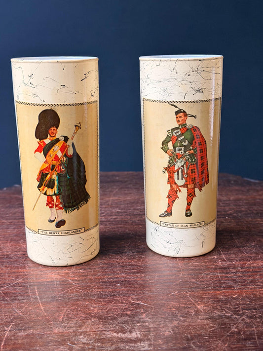 Vintage Dewar Highlander & Clan Wallace Tartan Milk Glass Tumblers 2pc Set