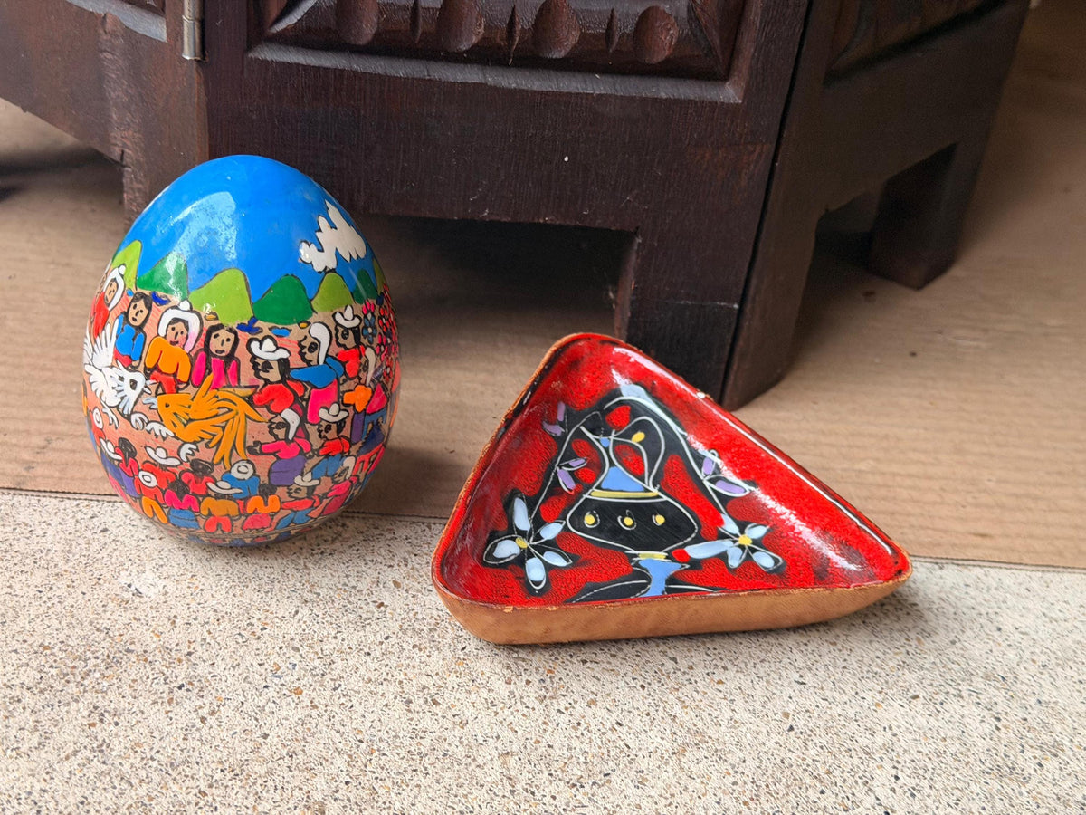 Vintage Italian Leather Dish & Signed Mexican Folk Art Painted Egg 2pc Set