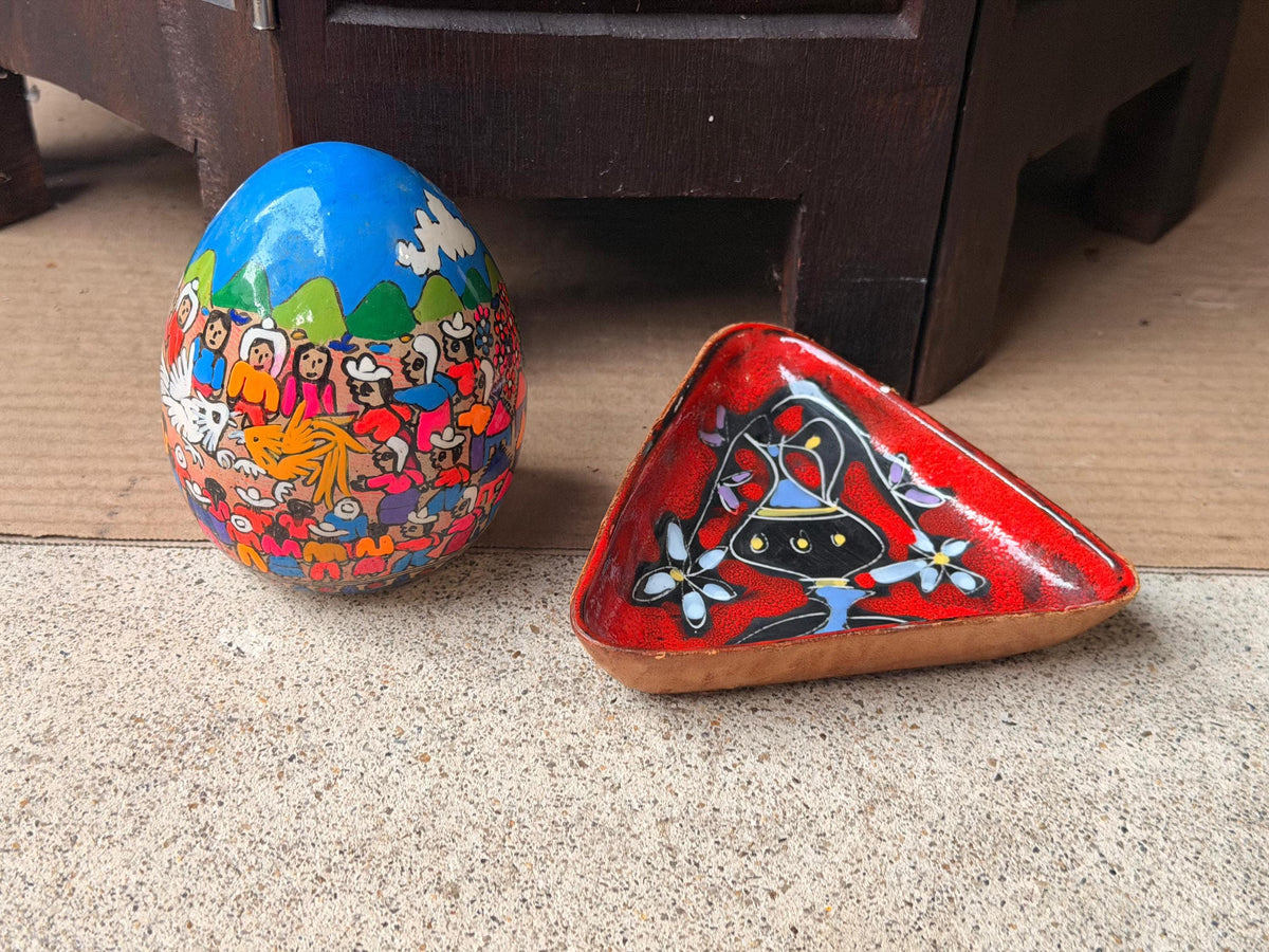 Vintage Italian Leather Dish & Signed Mexican Folk Art Painted Egg 2pc Set
