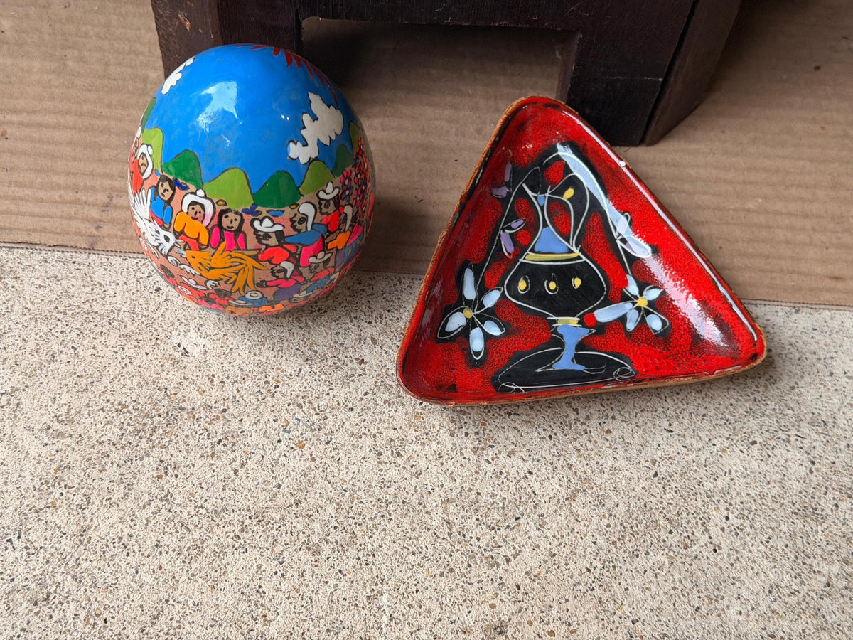 Vintage Italian Leather Dish & Signed Mexican Folk Art Painted Egg 2pc Set