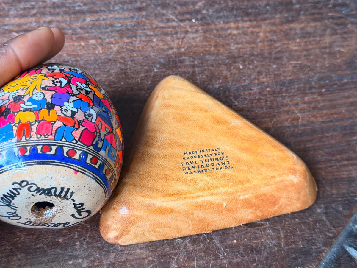Vintage Italian Leather Dish & Signed Mexican Folk Art Painted Egg 2pc Set