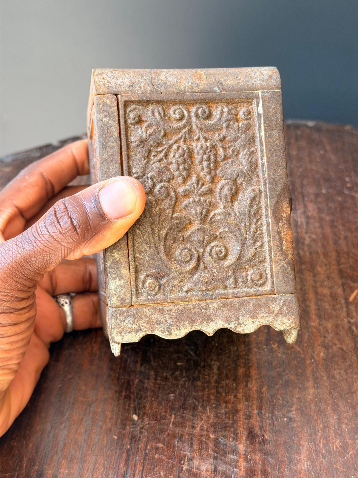 Antique Cast Iron Coin Deposit Bank Miniature Safe Box Vintage Still Bank