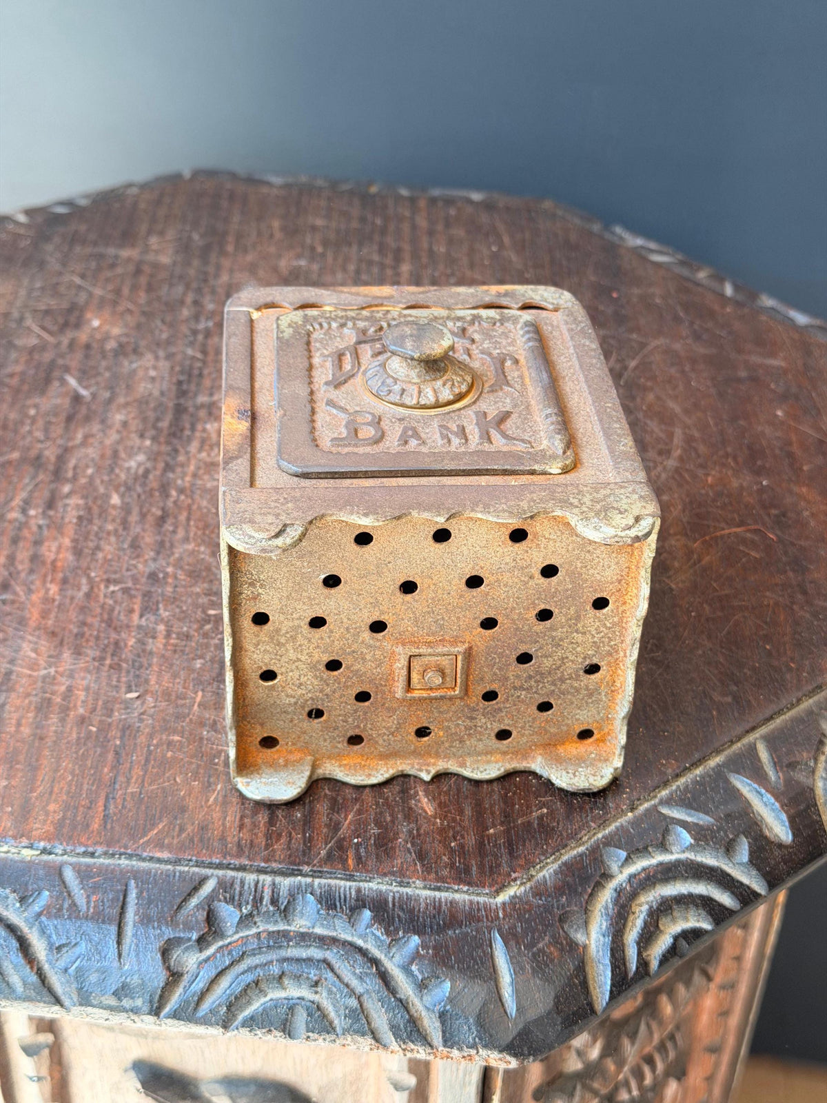 Antique Cast Iron Coin Deposit Bank Miniature Safe Box Vintage Still Bank