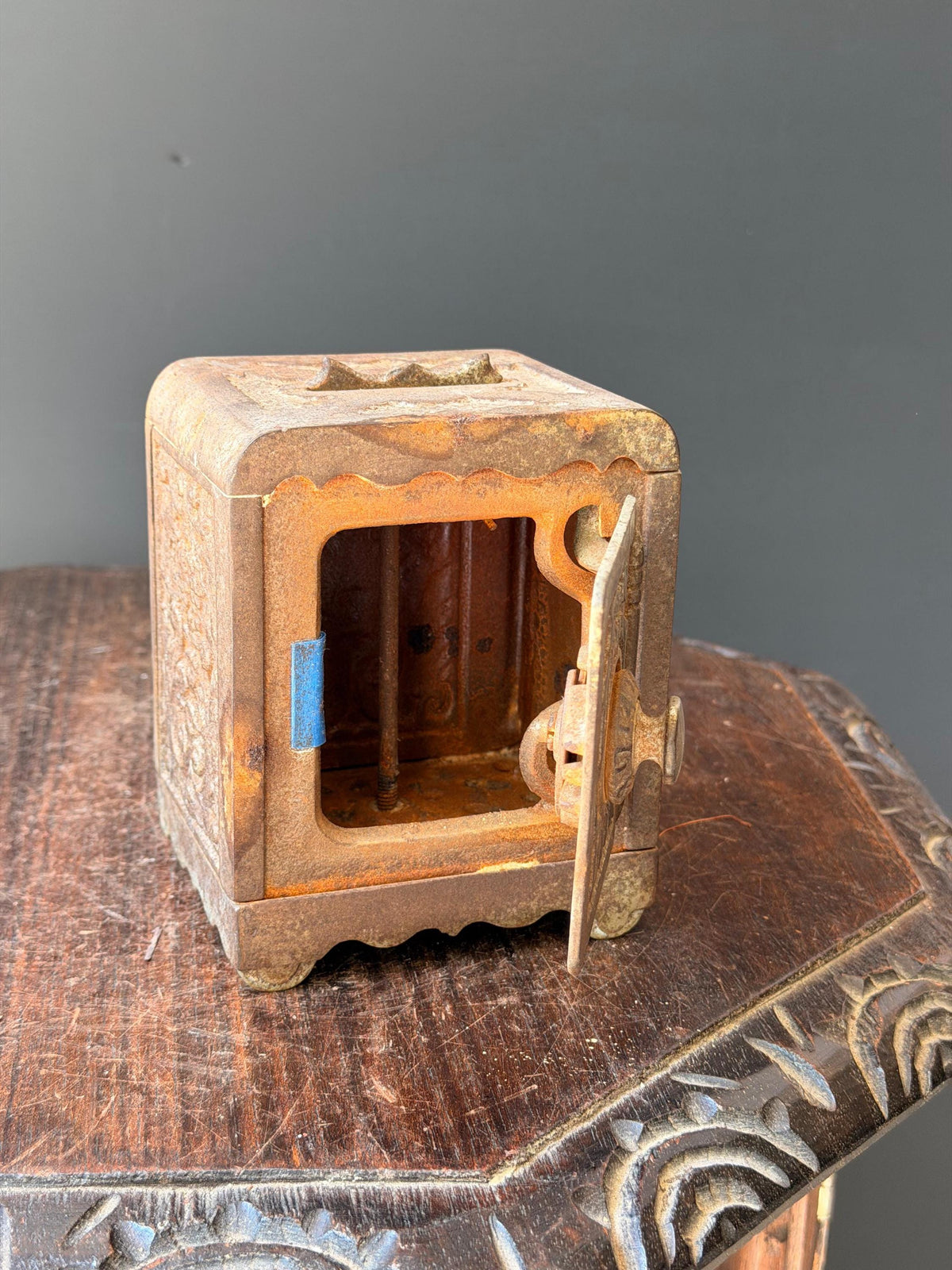 Antique Cast Iron Coin Deposit Bank Miniature Safe Box Vintage Still Bank