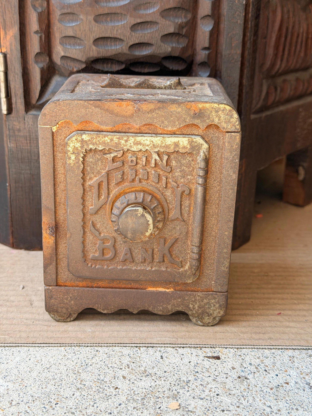 Antique Cast Iron Coin Deposit Bank Miniature Safe Box Vintage Still Bank