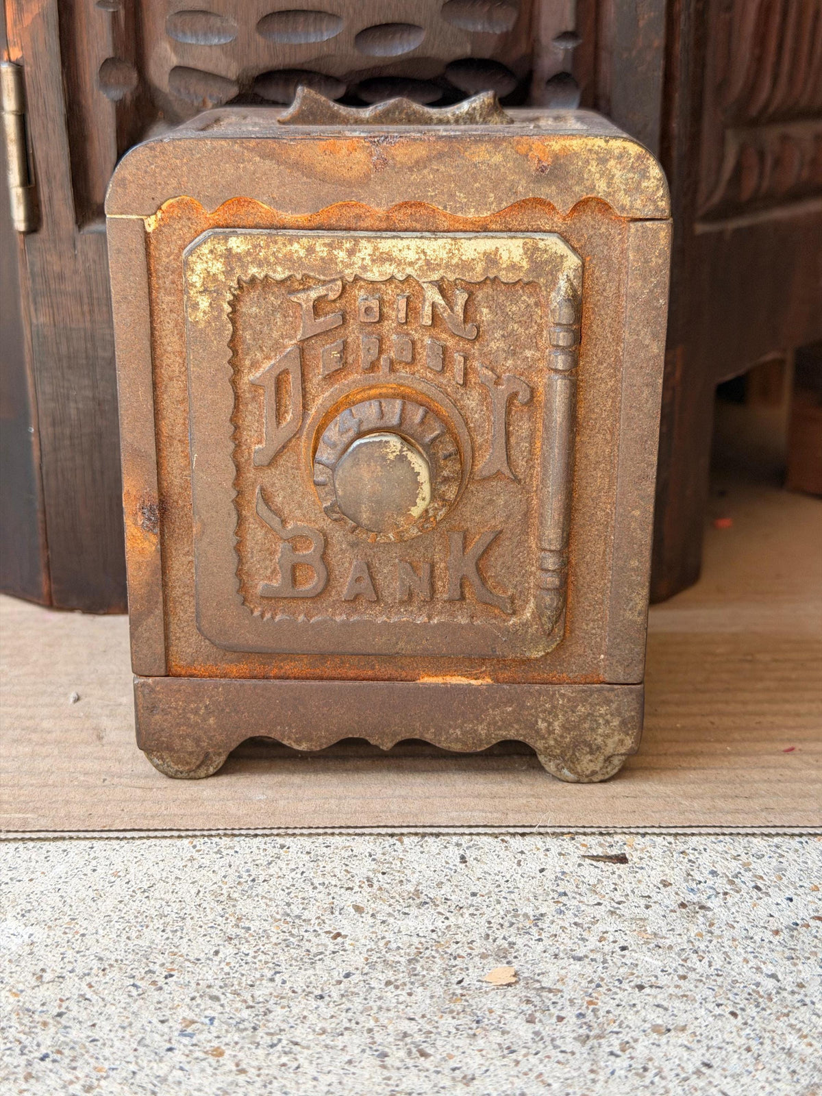 Antique Cast Iron Coin Deposit Bank Miniature Safe Box Vintage Still Bank