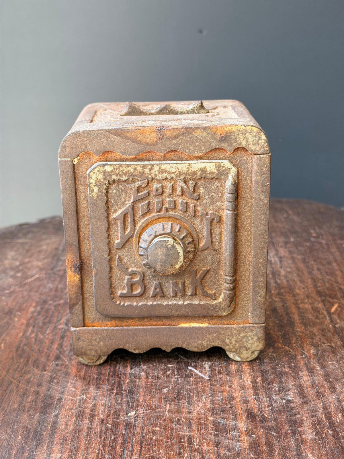 Antique Cast Iron Coin Deposit Bank Miniature Safe Box Vintage Still Bank