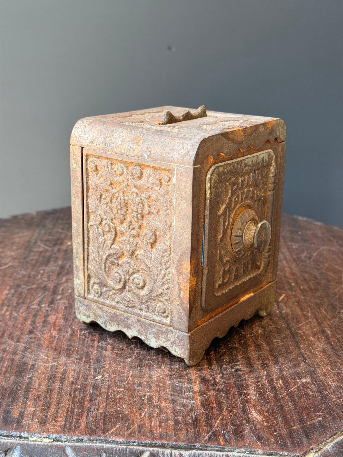 Antique Cast Iron Coin Deposit Bank Miniature Safe Box Vintage Still Bank