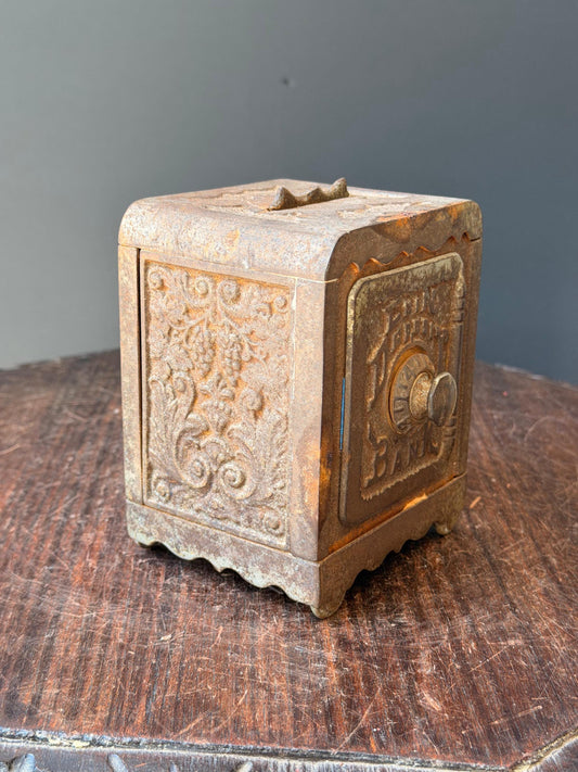 Antique Cast Iron Coin Deposit Bank Miniature Safe Box Vintage Still Bank