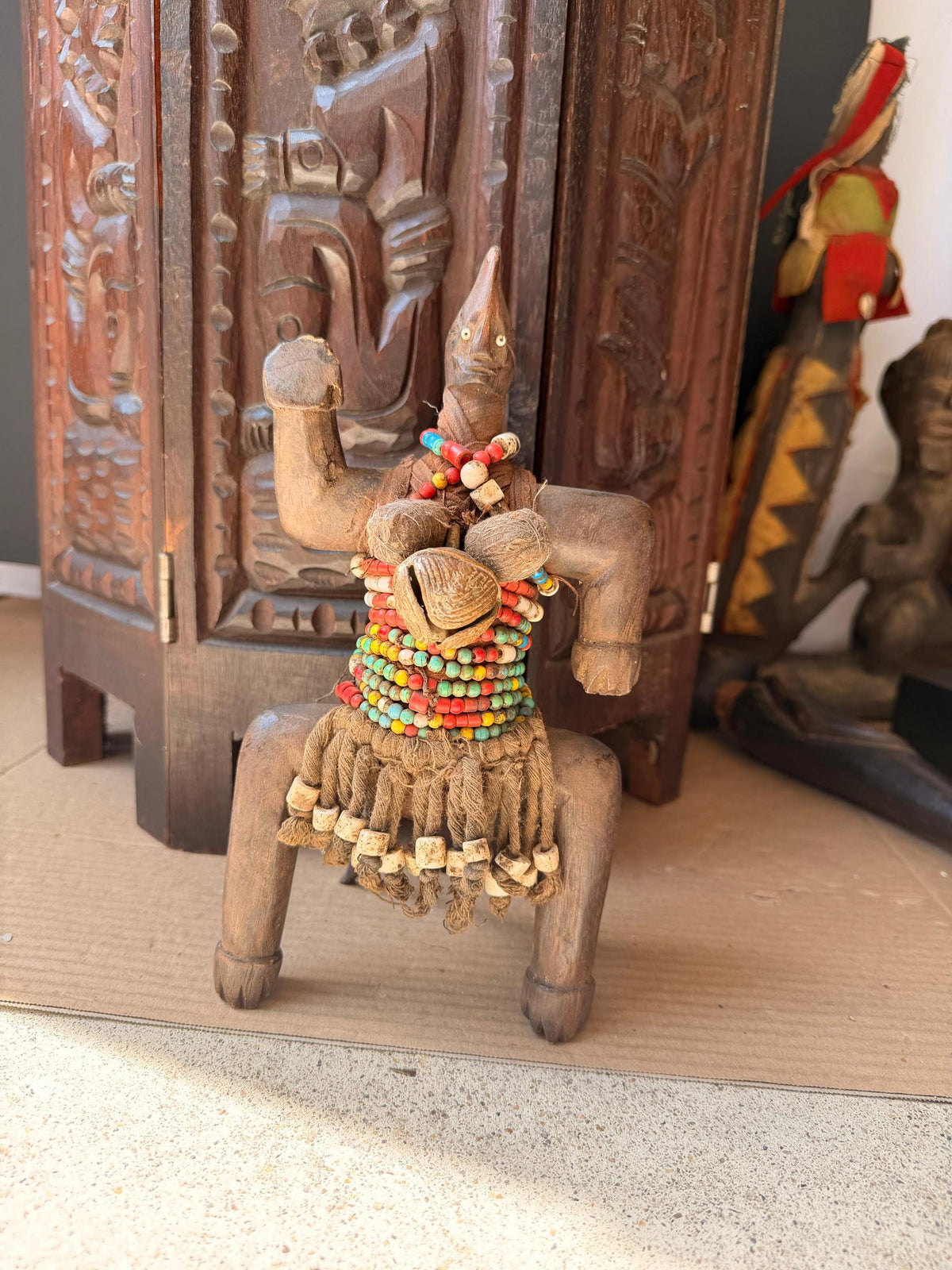 Vintage Namji Beaded Wood Figure Cameroon Tribal Art Fertility Doll 10"