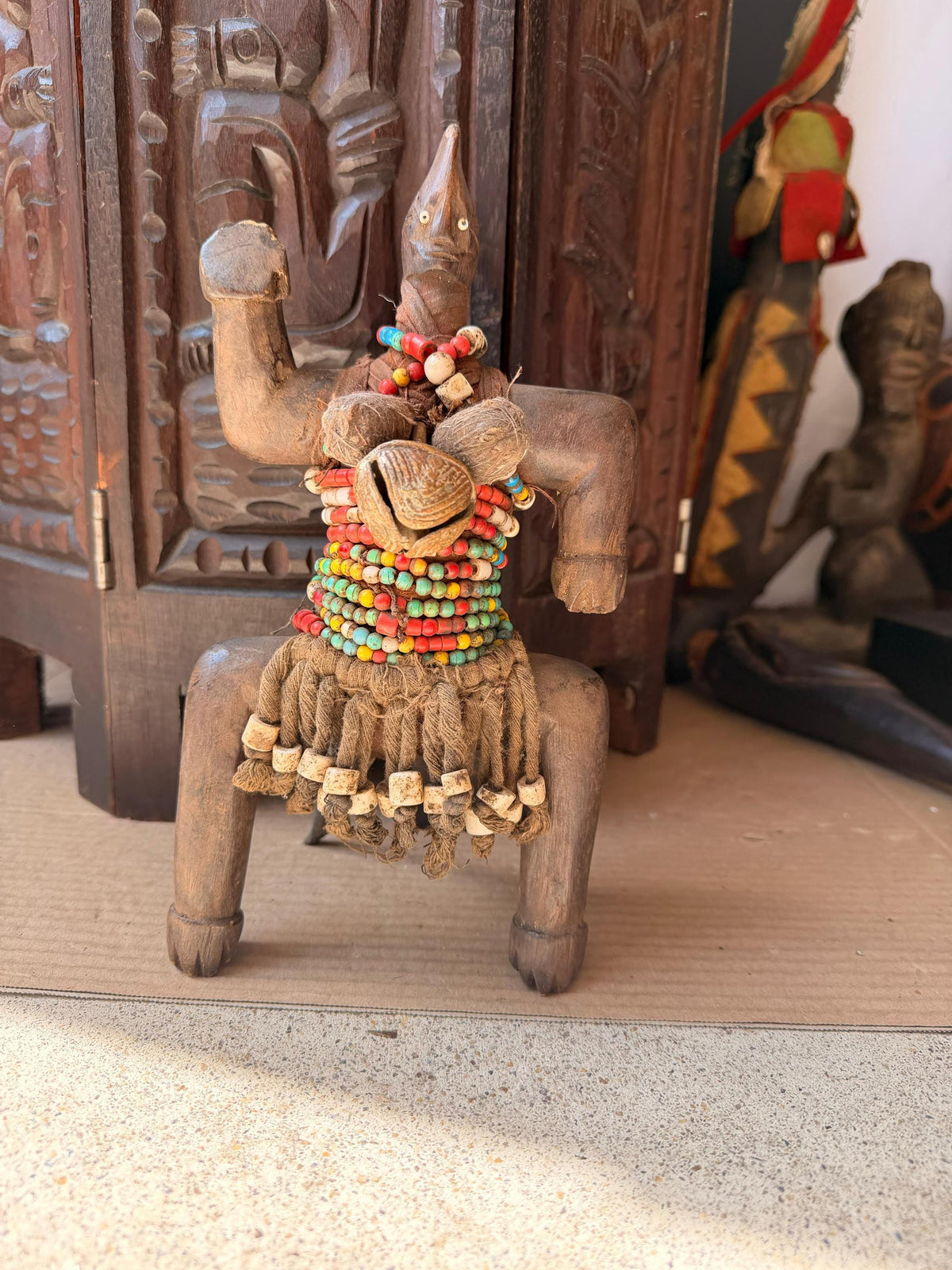 Vintage Namji Beaded Wood Figure Cameroon Tribal Art Fertility Doll 10"