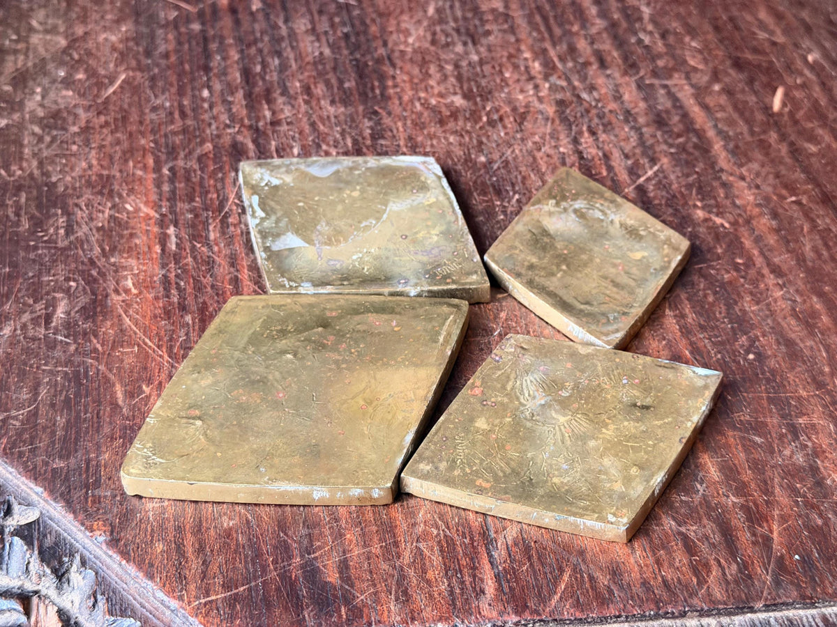 Vintage Brass Nesting Trays 4pc Diamond Coasters Etched Floral Catchall Dish