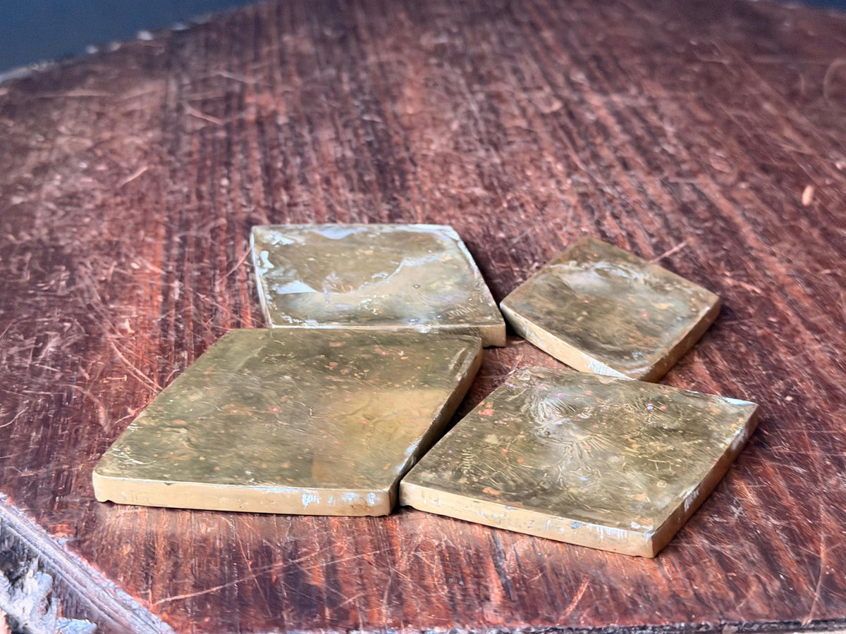 Vintage Brass Nesting Trays 4pc Diamond Coasters Etched Floral Catchall Dish