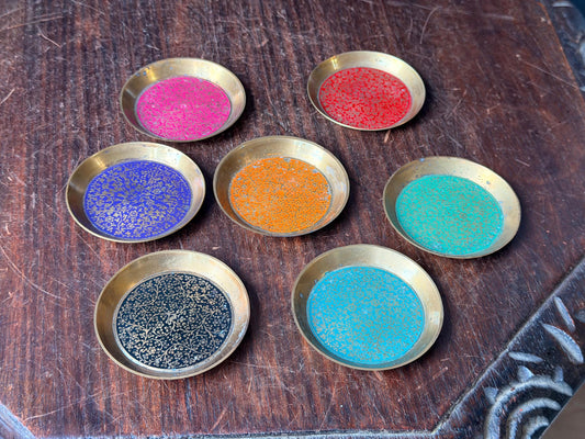 Vintage Enamel Brass Coasters 2.7" Set of 7 Mini Floral Trinket Dishes