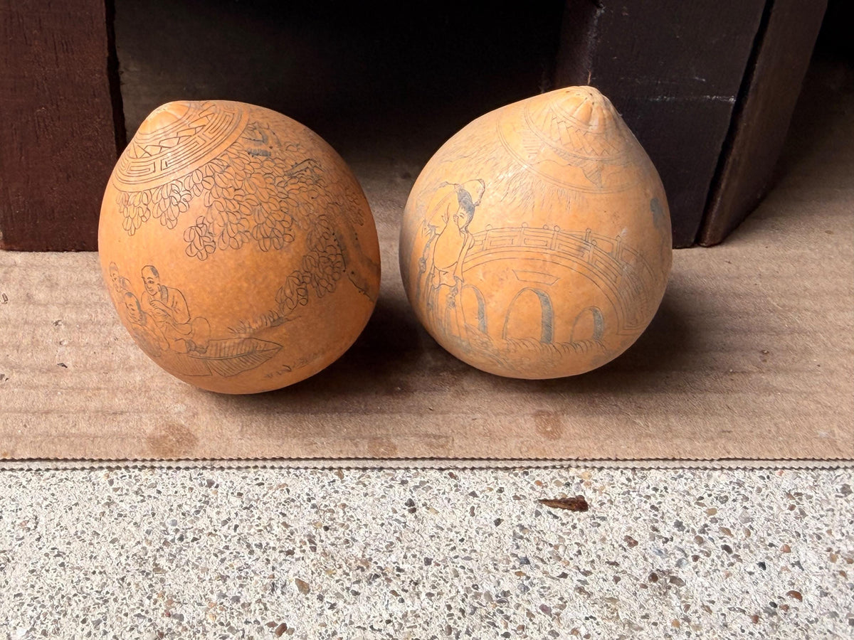 Vintage Engraved Mini Gourd Sculptures Chinese Folk Art Celestial Dancers