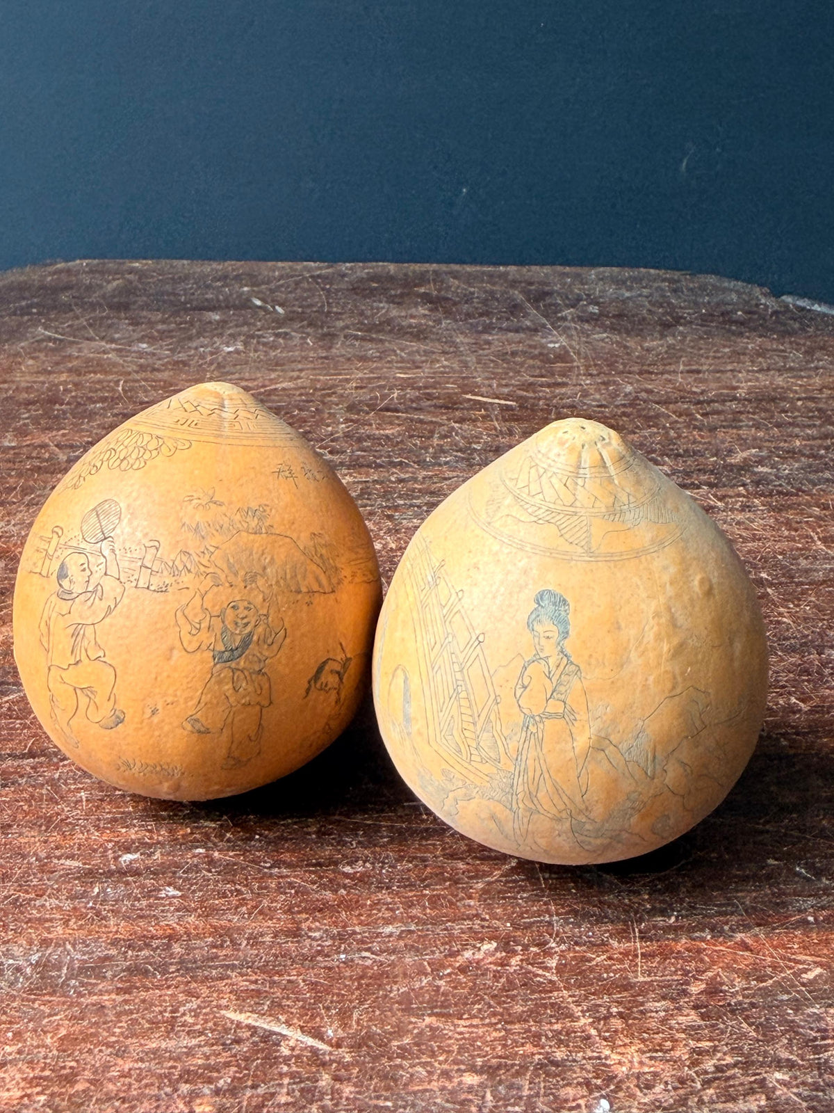 Vintage Engraved Mini Gourd Sculptures Chinese Folk Art Celestial Dancers