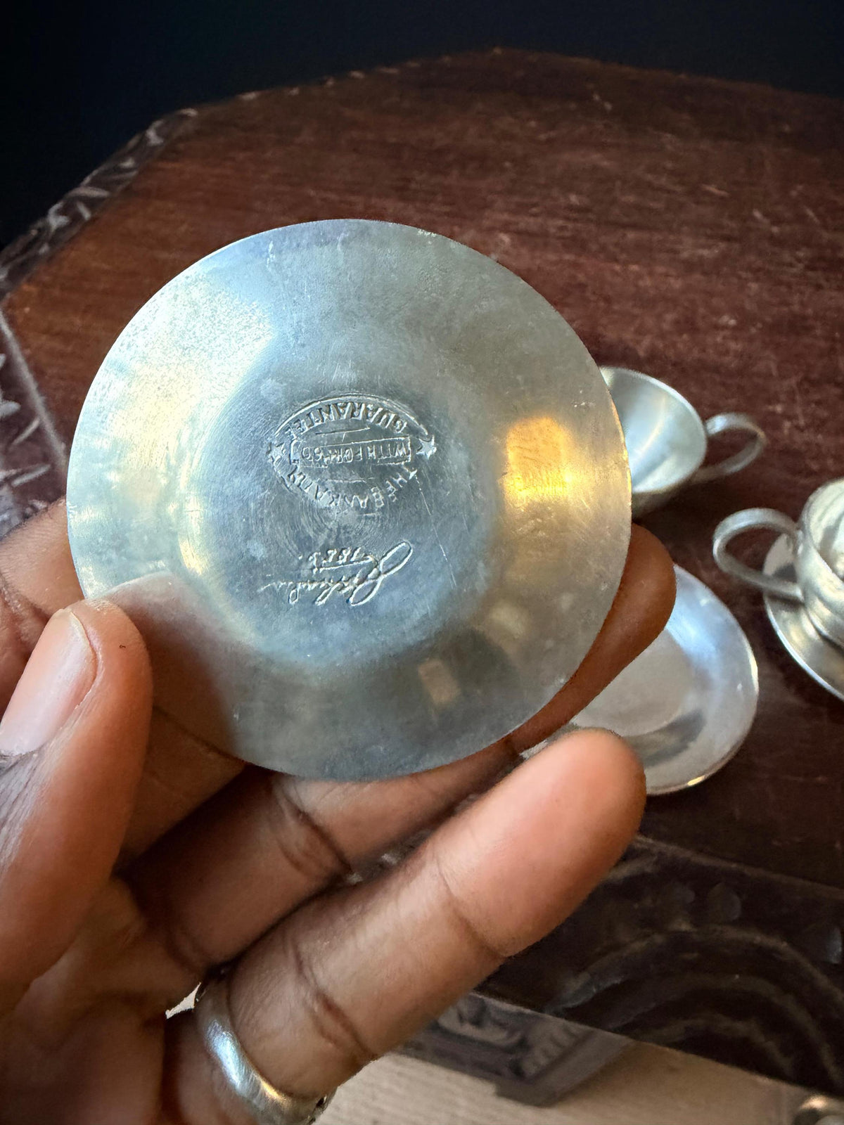 Vintage Banka Tin Pewter Demitasse Cups Saucers Set Djakarta MCM 3pc
