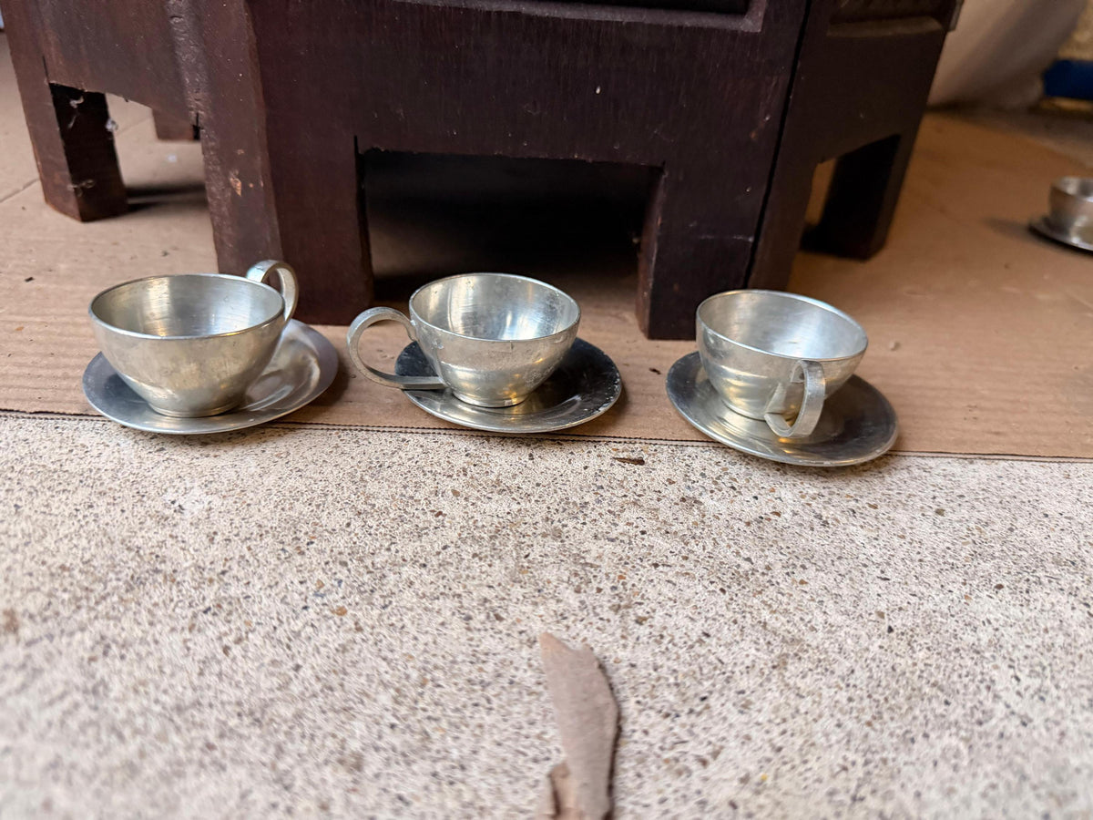 Vintage Banka Tin Pewter Demitasse Cups Saucers Set Djakarta MCM 3pc
