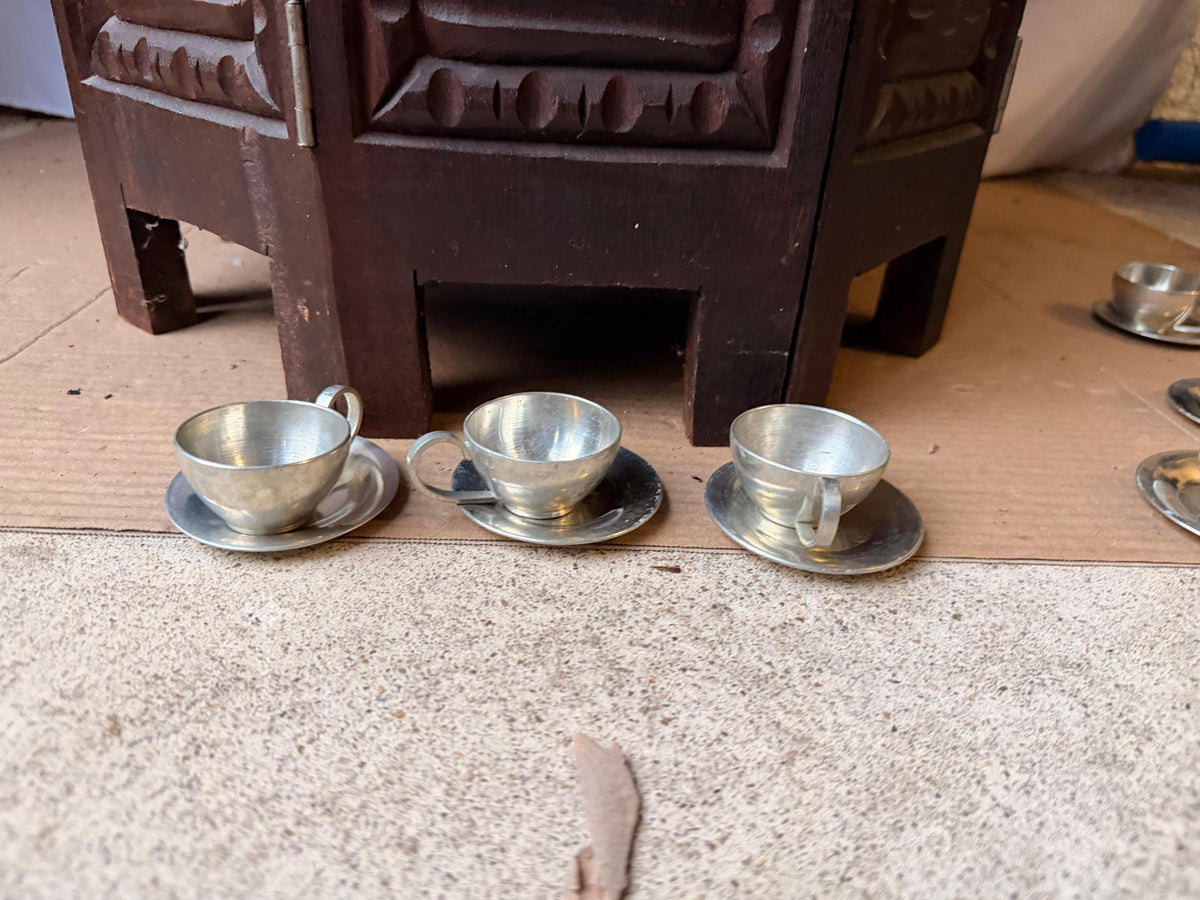 Vintage Banka Tin Pewter Demitasse Cups Saucers Set Djakarta MCM 3pc