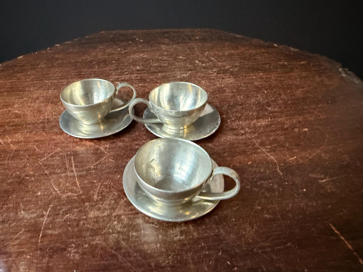 Vintage Banka Tin Pewter Demitasse Cups Saucers Set Djakarta MCM 3pc