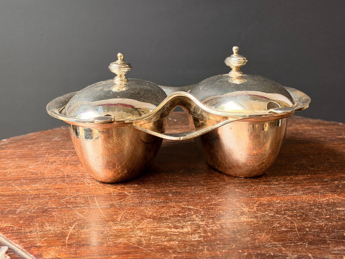 Vintage Walker & Hall Silver Plate Double Condiment Server Jam Dish Lids Spoons