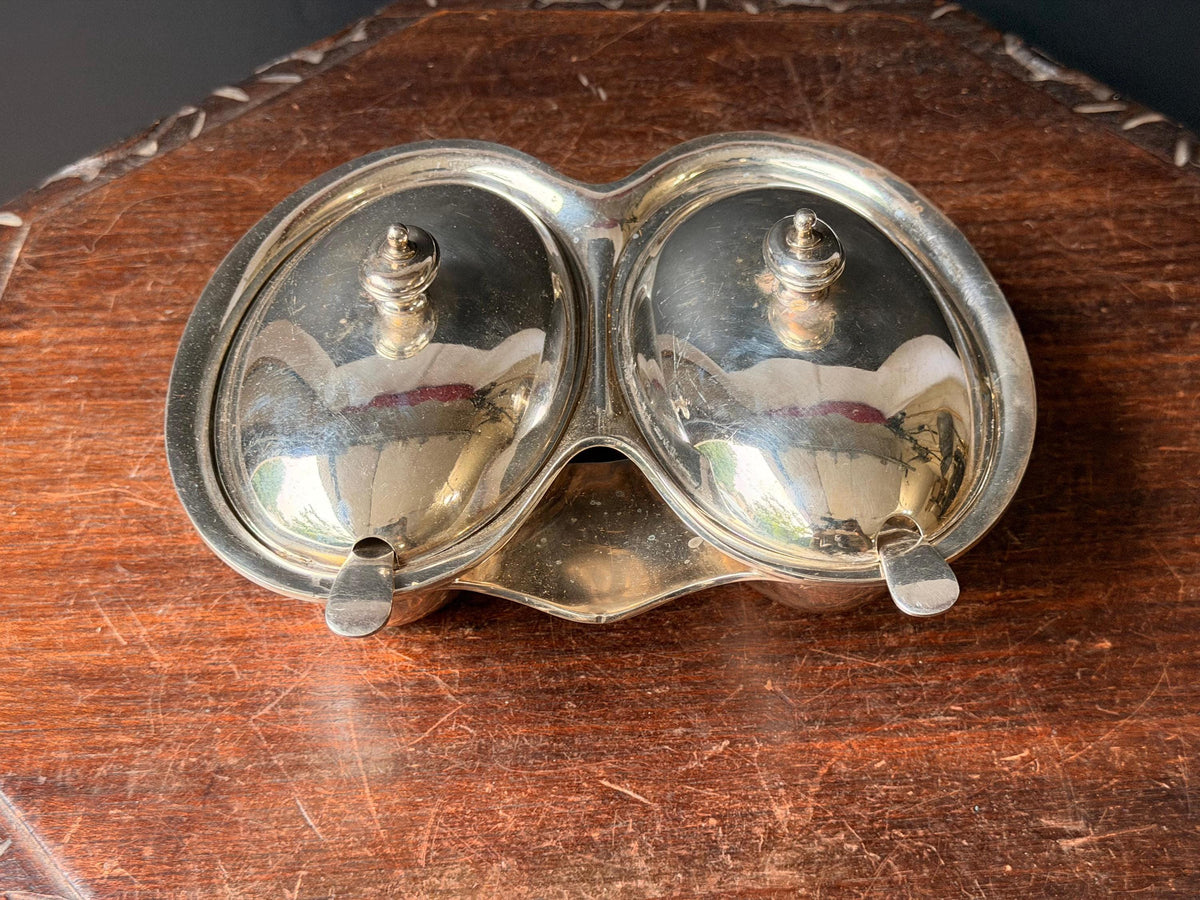 Vintage Walker & Hall Silver Plate Double Condiment Server Jam Dish Lids Spoons