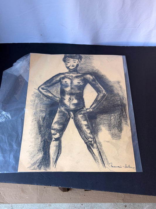 Vintage Rosemarie Hahn Charcoal Male Nude Figure Drawing Signed Study 22x18