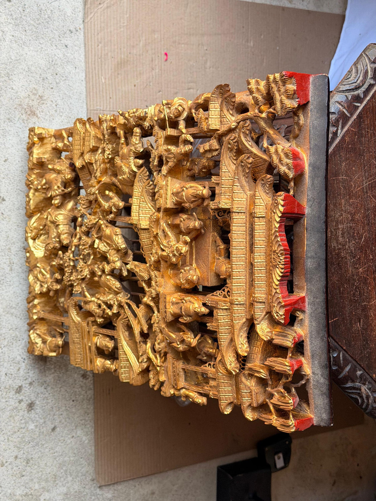Vintage Giltwood Architectural Wall Panel Relief Carving Narrative Plaque 25"